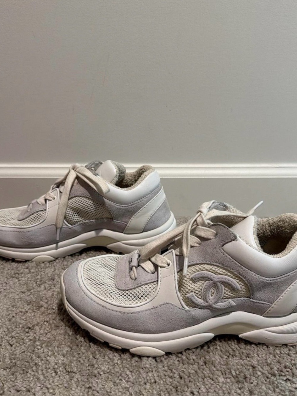 CHANEL White and Light Gray CC Logo Running Sneakers